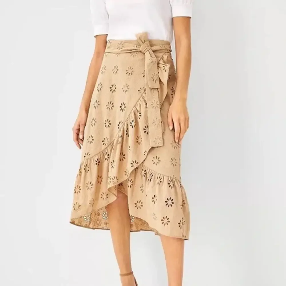 Ann Taylor Tan Eyelet Midi Skirt - Picture 1 of 5